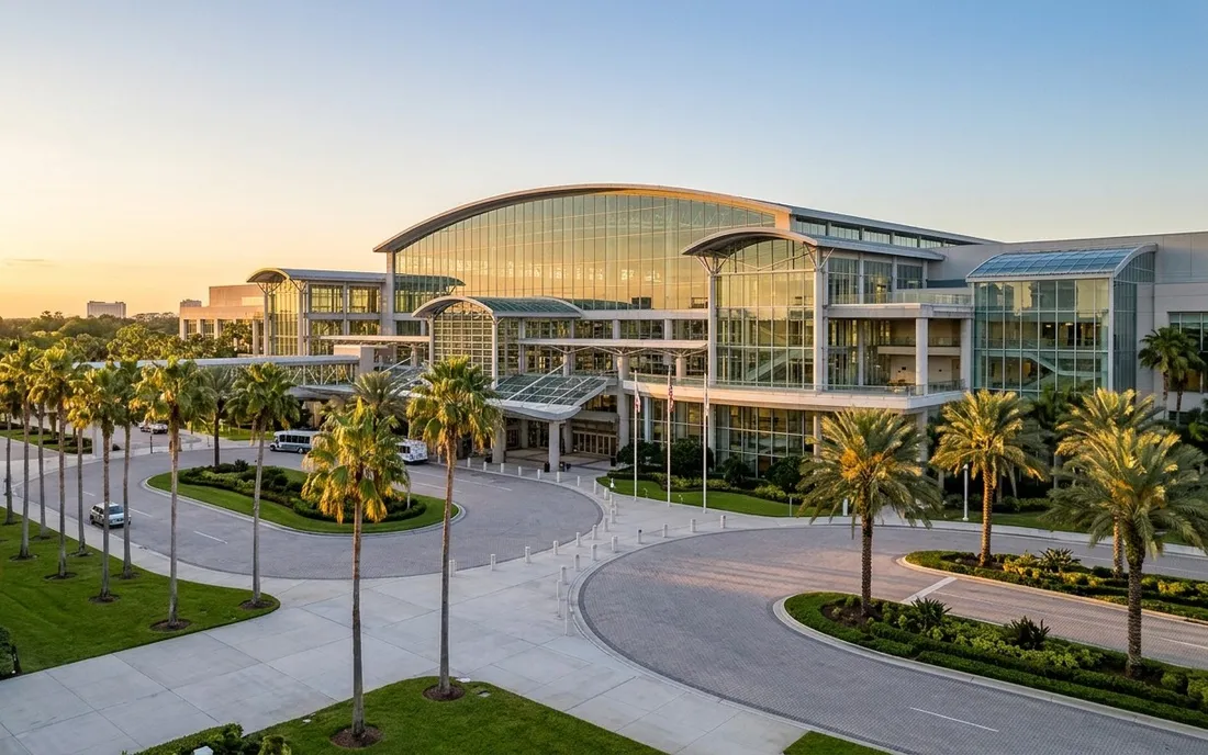 Centro de convenciones con palmeras en Orlando al atardecer